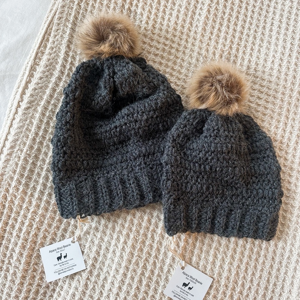 HANDMADE Charcoal Black/Gray Crochet Mommy & Me Hat Set with Fur PomPoms